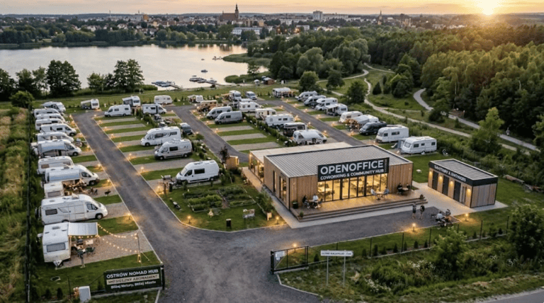 Wizualizacja Ostrów Nomad Hub — osiedla kamperowego ze strefą coworkingową nad Piaskami