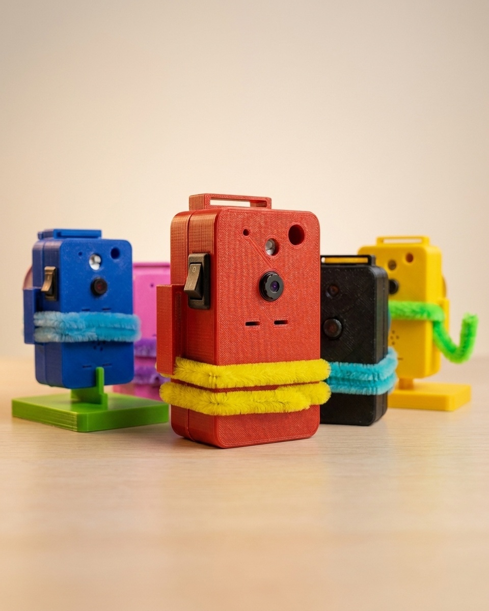 Zbliżenie kamery LiveCUBE! Ferrari Red z rodziną miniaturowych kamer w tle